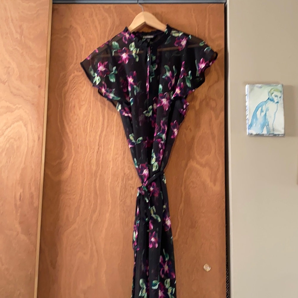 Sheer black and magenta floral print Express dress size L.